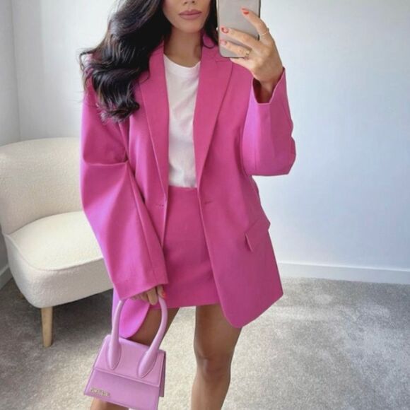 NWT ZARA Oversized One Button Blazer in Hot Pink Blogger Favorite Size X-Small - Picture 1 of 9